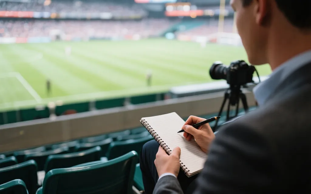 球探在看台上观察，记下潜力球员数据